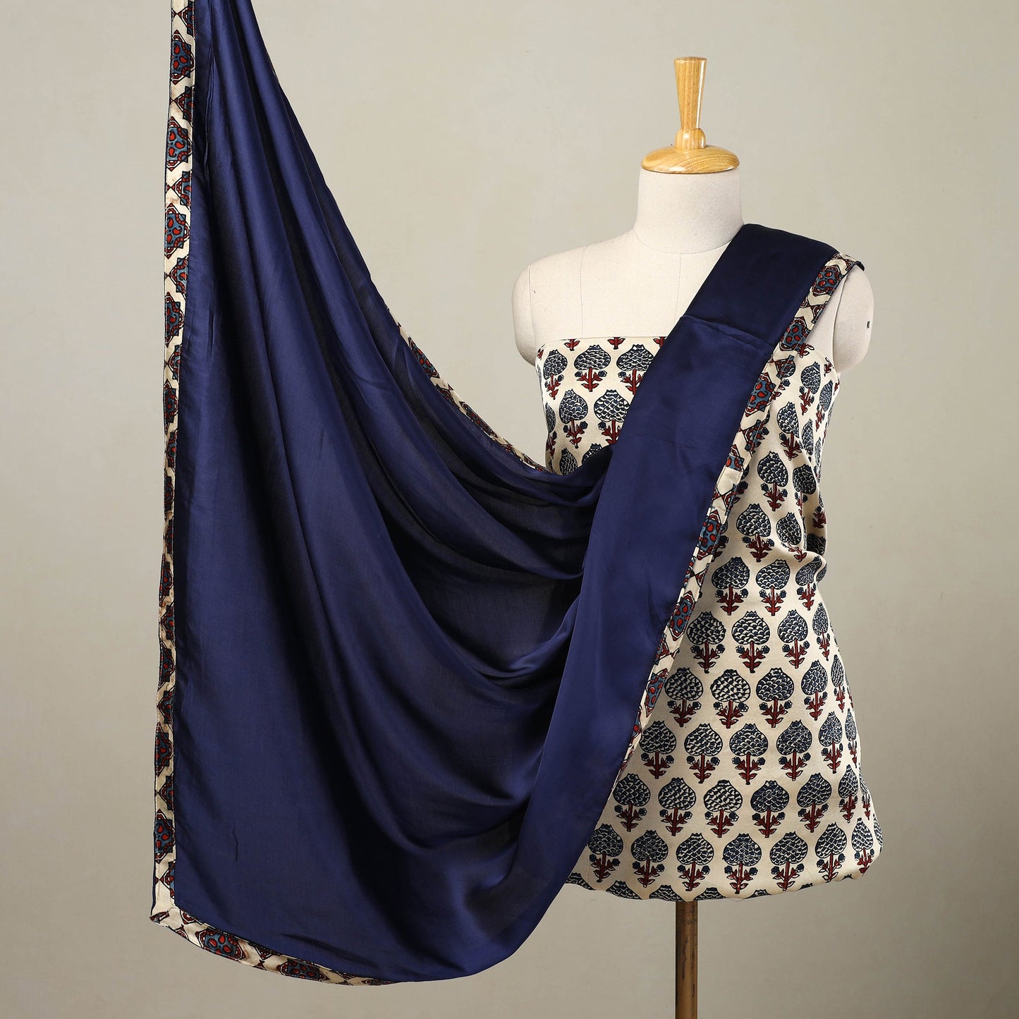 Beige - 3pc Modal Silk Ajrakh Print Kurta with Plain Dupatta 07