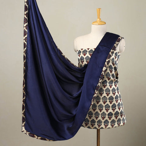 Beige - 3pc Modal Silk Ajrakh Print Kurta with Plain Dupatta 07