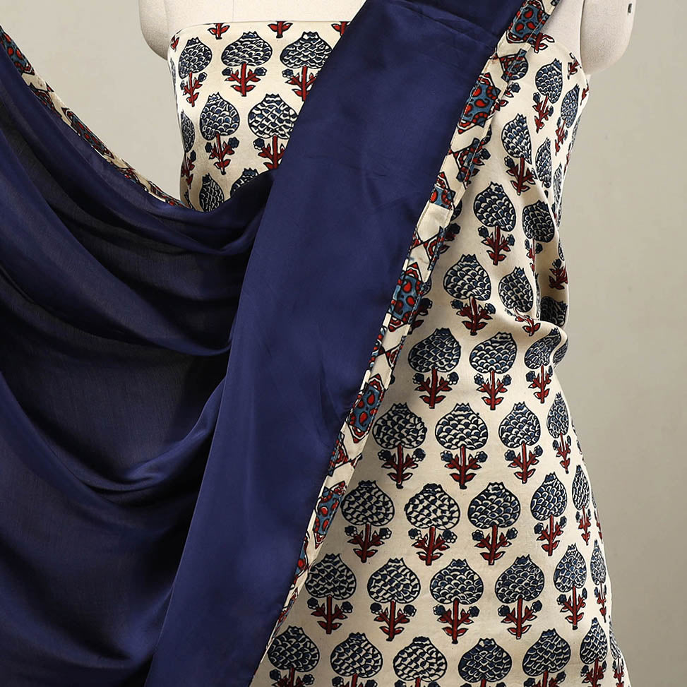 Beige - 3pc Modal Silk Ajrakh Print Kurta with Plain Dupatta 07