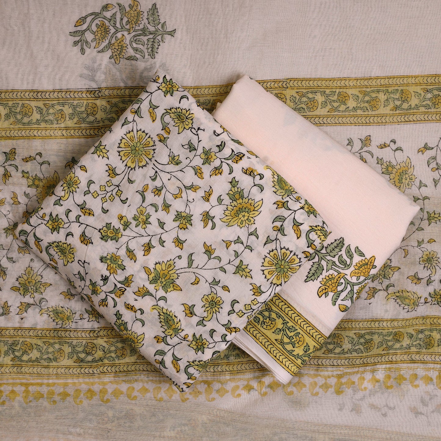 3pc Beige Sanganeri Print Suit Material with Silk Dupatta