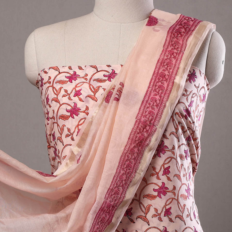 Buy 3pc Sanganeri Block Printed Cotton Suit Material with Chanderi Silk Dupatta 01 Onine at iTokri.com