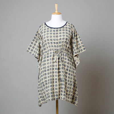Beige - Ajrakh Block Printed Cotton Kaftan with Tie-Up Waist (Medium)