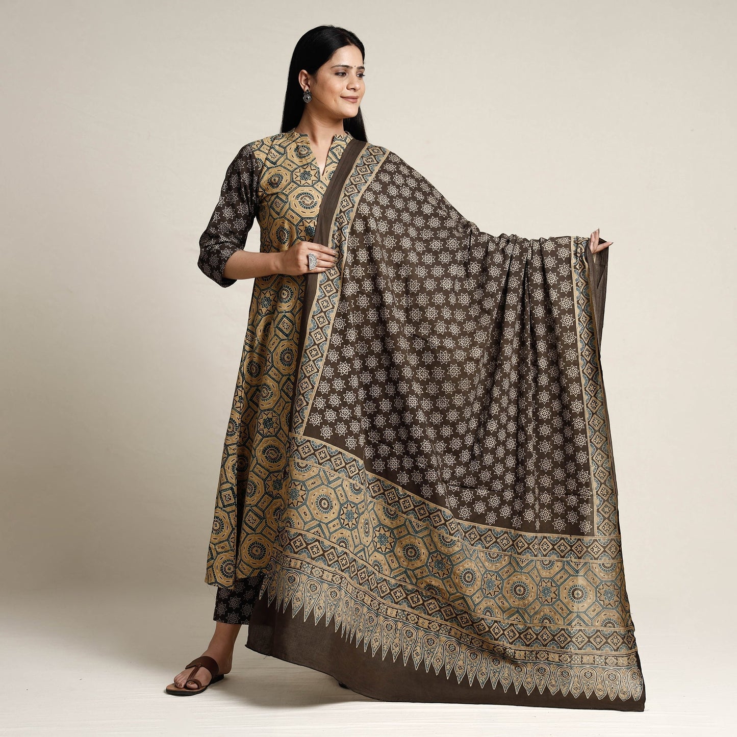 Buy Ajrakh Block Printed Cotton Kurta with Palazzo & Dupatta Set Online at iTokri.com