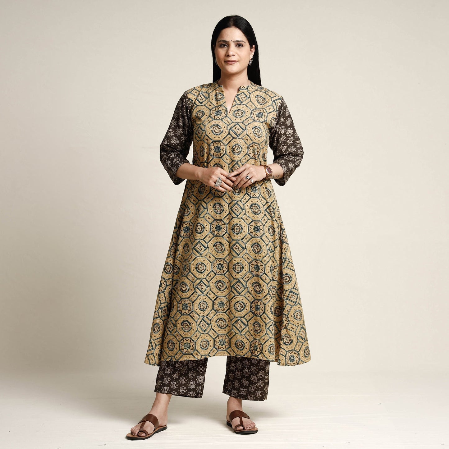 Buy Ajrakh Block Printed Cotton Kurta with Palazzo & Dupatta Set Online at iTokri.com