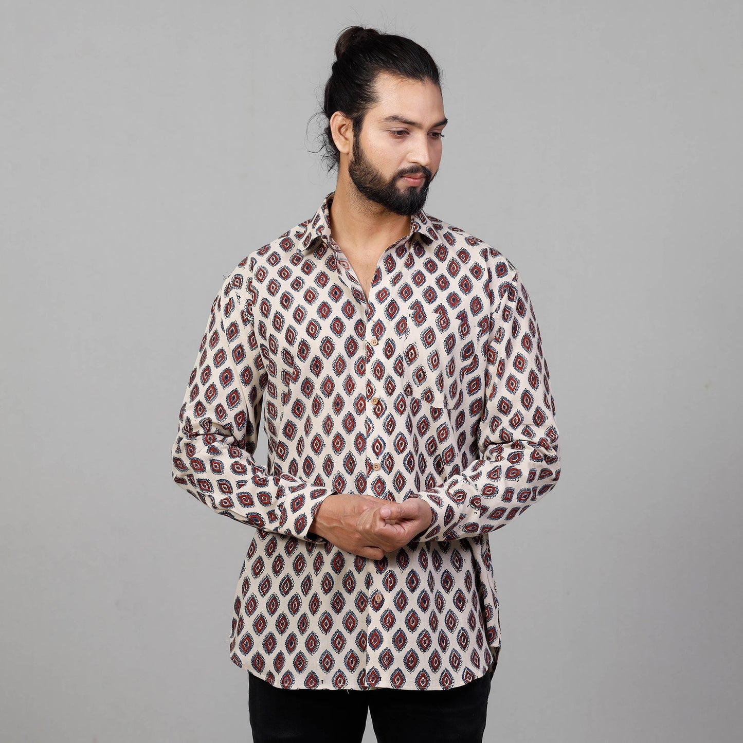 Buy Ajrakh Block Printed Cotton Men Full Sleeve Shirt Online at iTokri.com