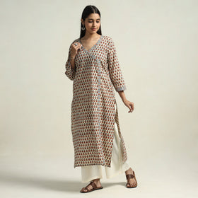 Beige - Ajrakh Block Printed Cotton Straight Kurta