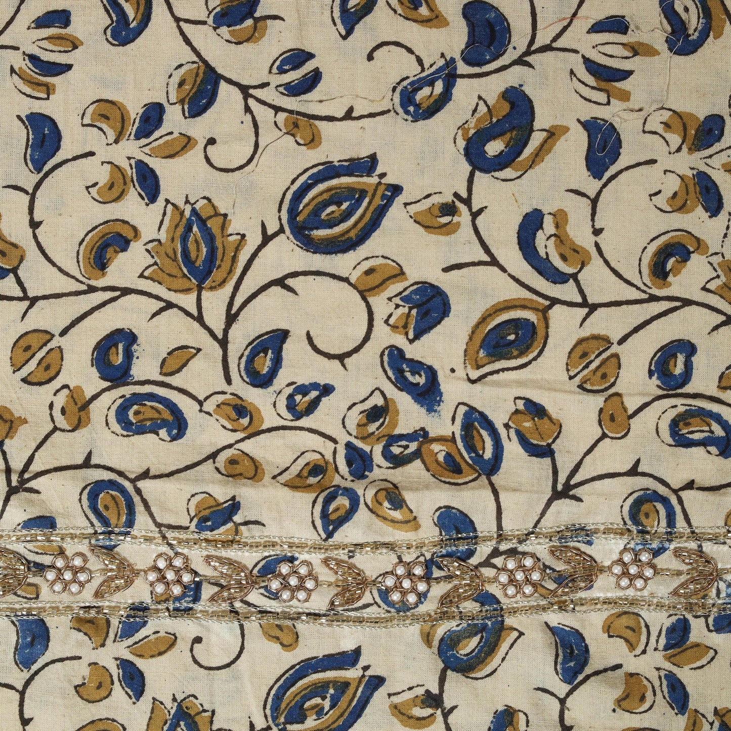 Beige Ajrakh Print Hand Embroidery Cotton Blouse Piece