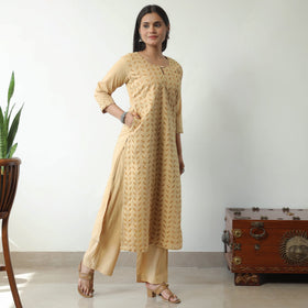  Beige Applique Cut Work Cotton Kurta with Palazzo & Dupatta Set