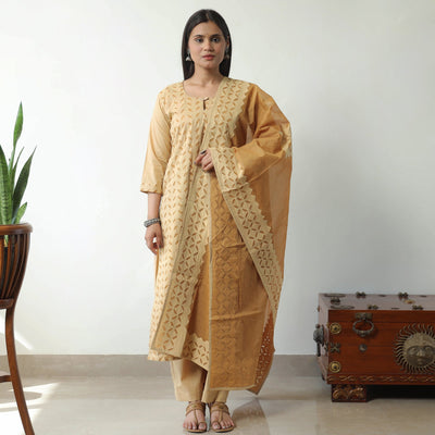  Beige Applique Cut Work Cotton Kurta with Palazzo & Dupatta Set