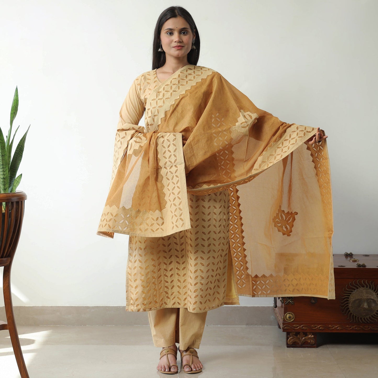  Beige Applique Cut Work Cotton Kurta with Palazzo & Dupatta Set