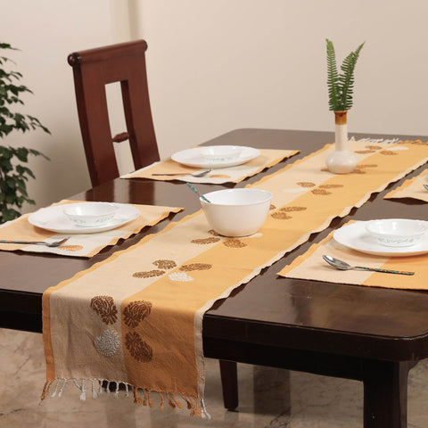 Beige Assam Weave Dining Table Runner & Set of 4 Placemats in Handloom Cotton