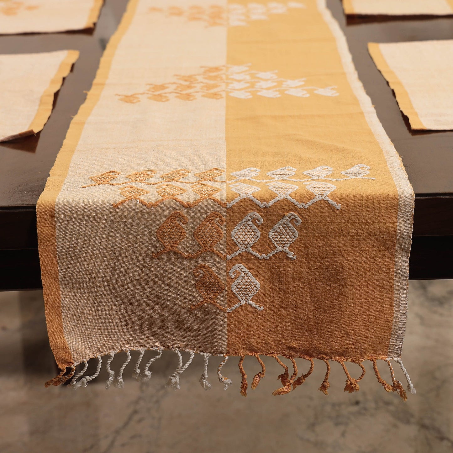 Beige Assam Weave Dining Table Runner & Set of 4 Placemats in Handloom Cotton