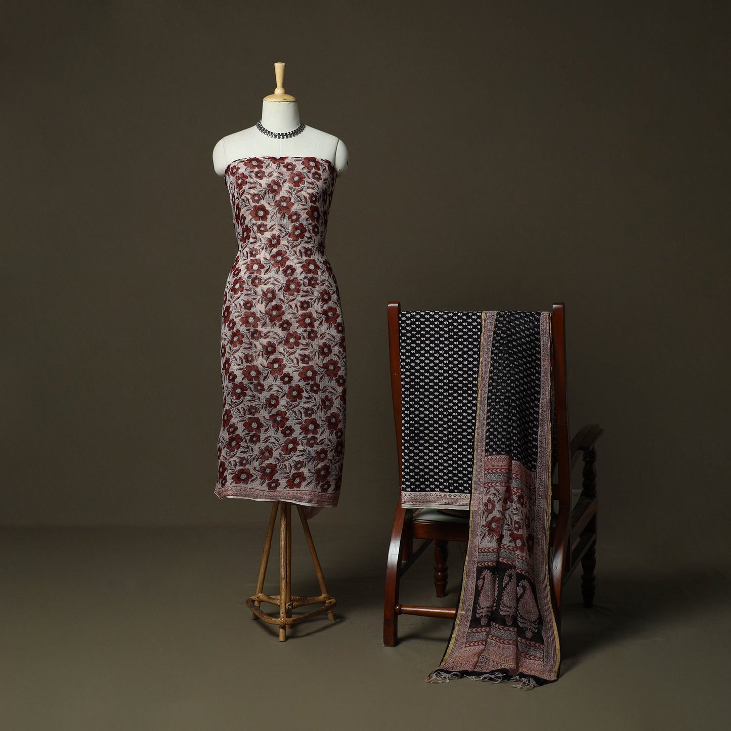 Bagh hand block print natural dyed kota doria cotton 3pc