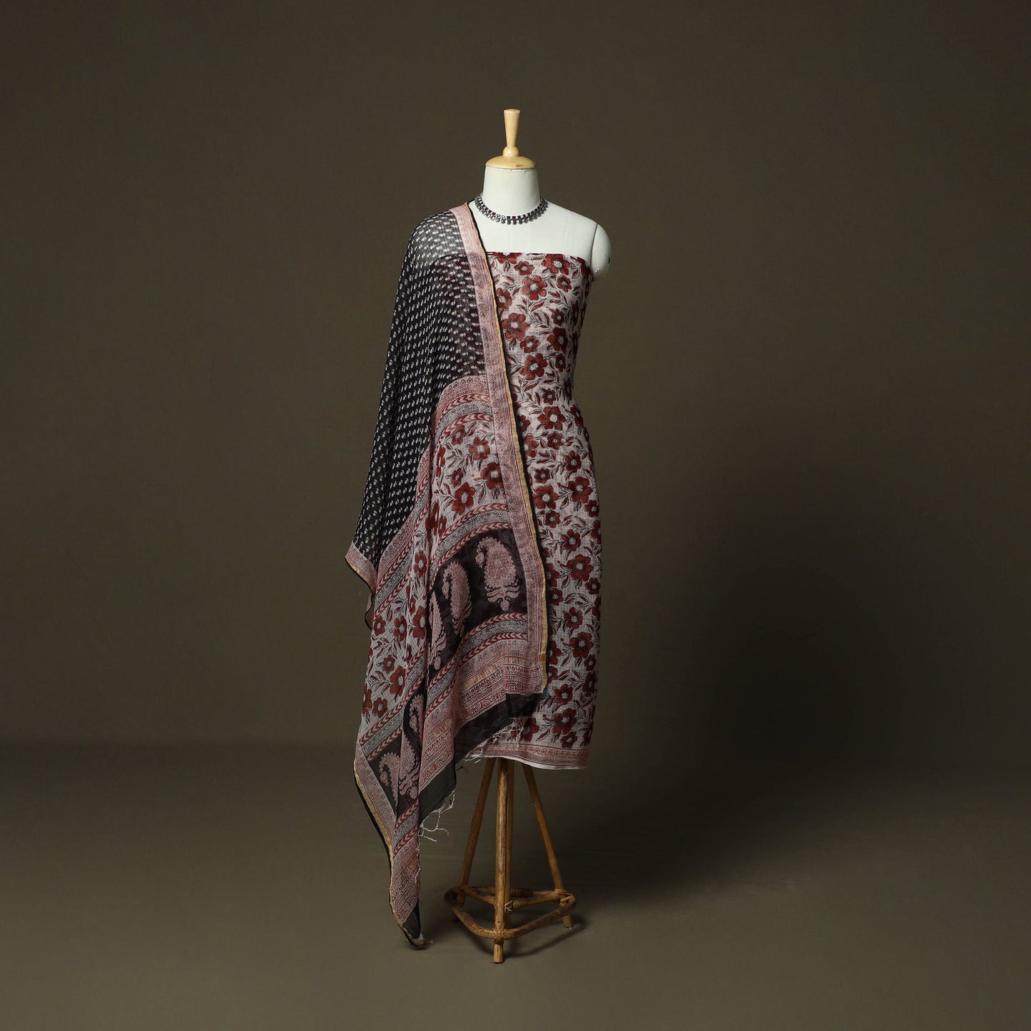 Bagh hand block print natural dyed kota doria cotton 3pc