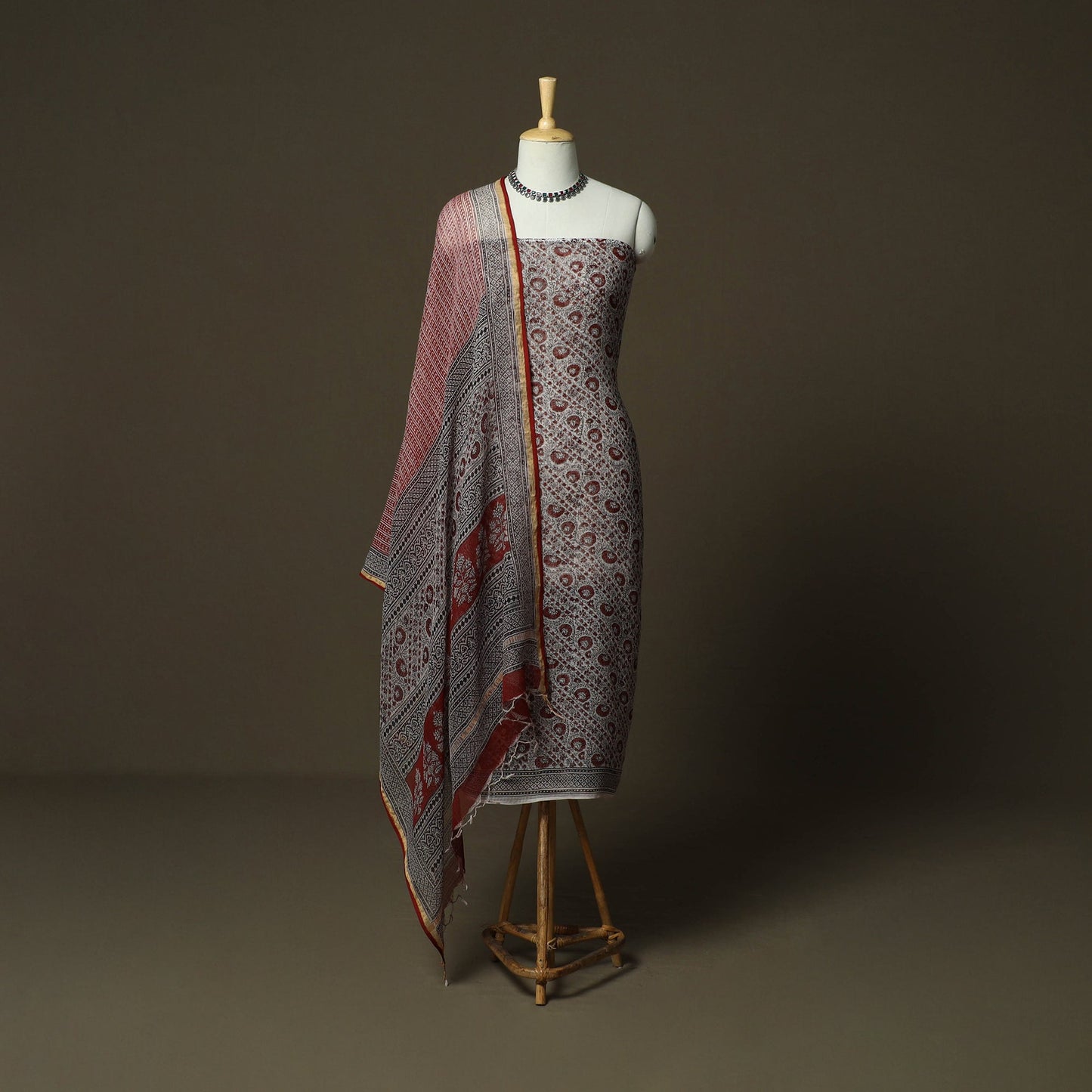 Bagh hand block print natural dyed kota doria cotton 3pc