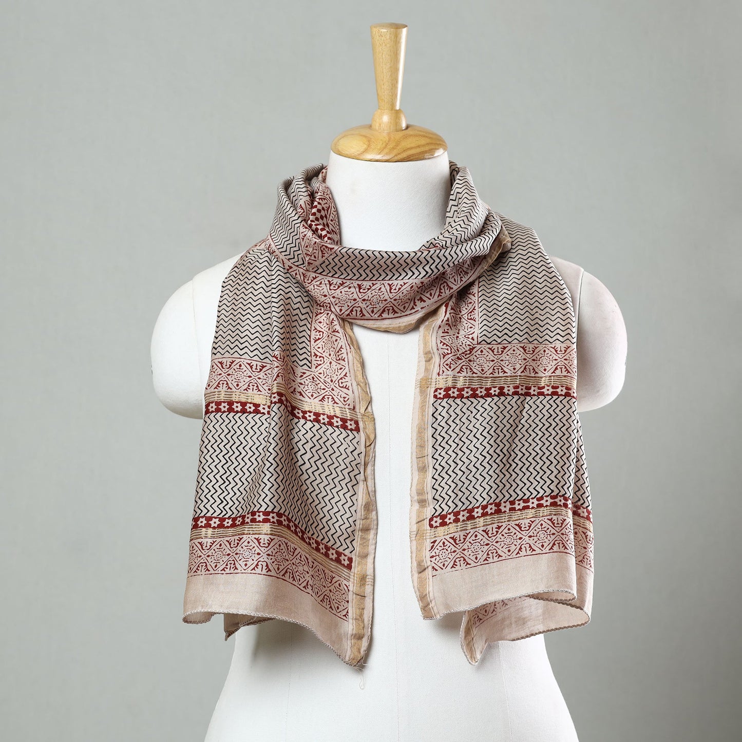 Beige Bagh Hand Block Printed Chanderi Silk Stole 