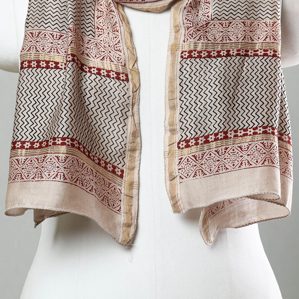 Beige Bagh Hand Block Printed Chanderi Silk Stole 