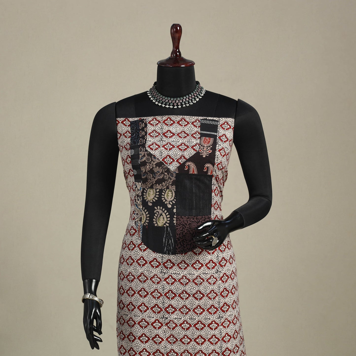 Beige - bagh patchwork cotton unstitched kurta material