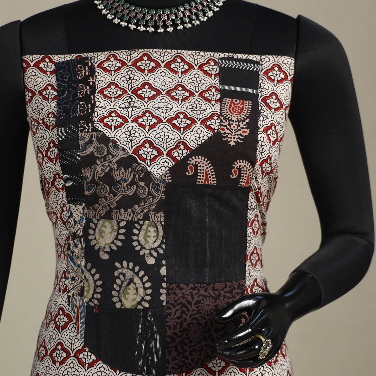 Beige - bagh patchwork cotton unstitched kurta material