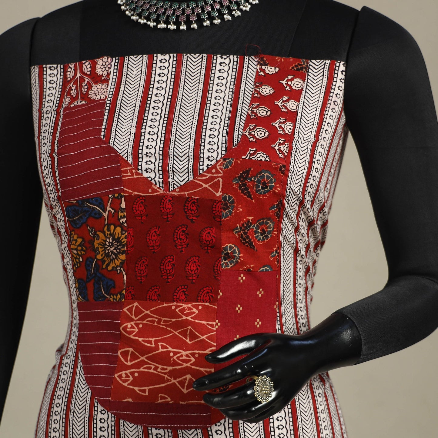 Beige - bagh patchwork cotton unstitched kurta material