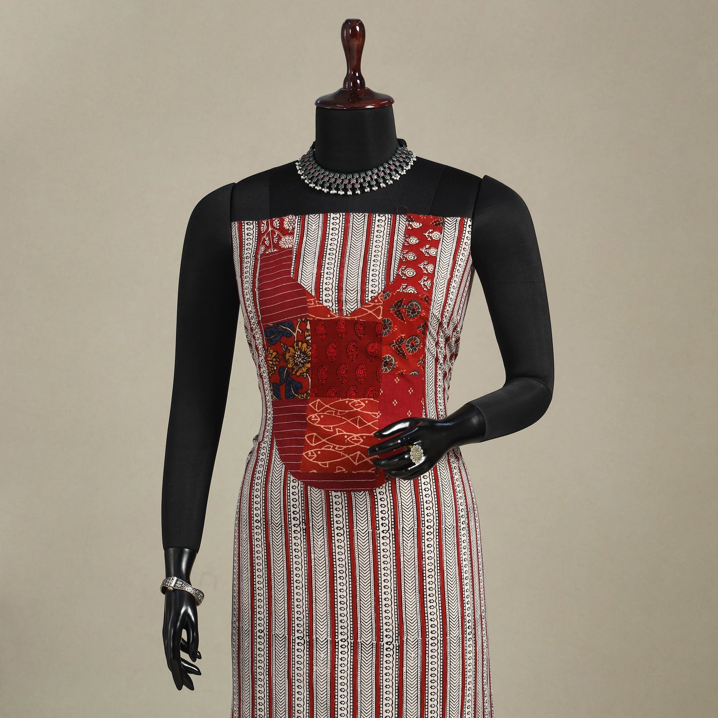 Beige - bagh patchwork cotton unstitched kurta material