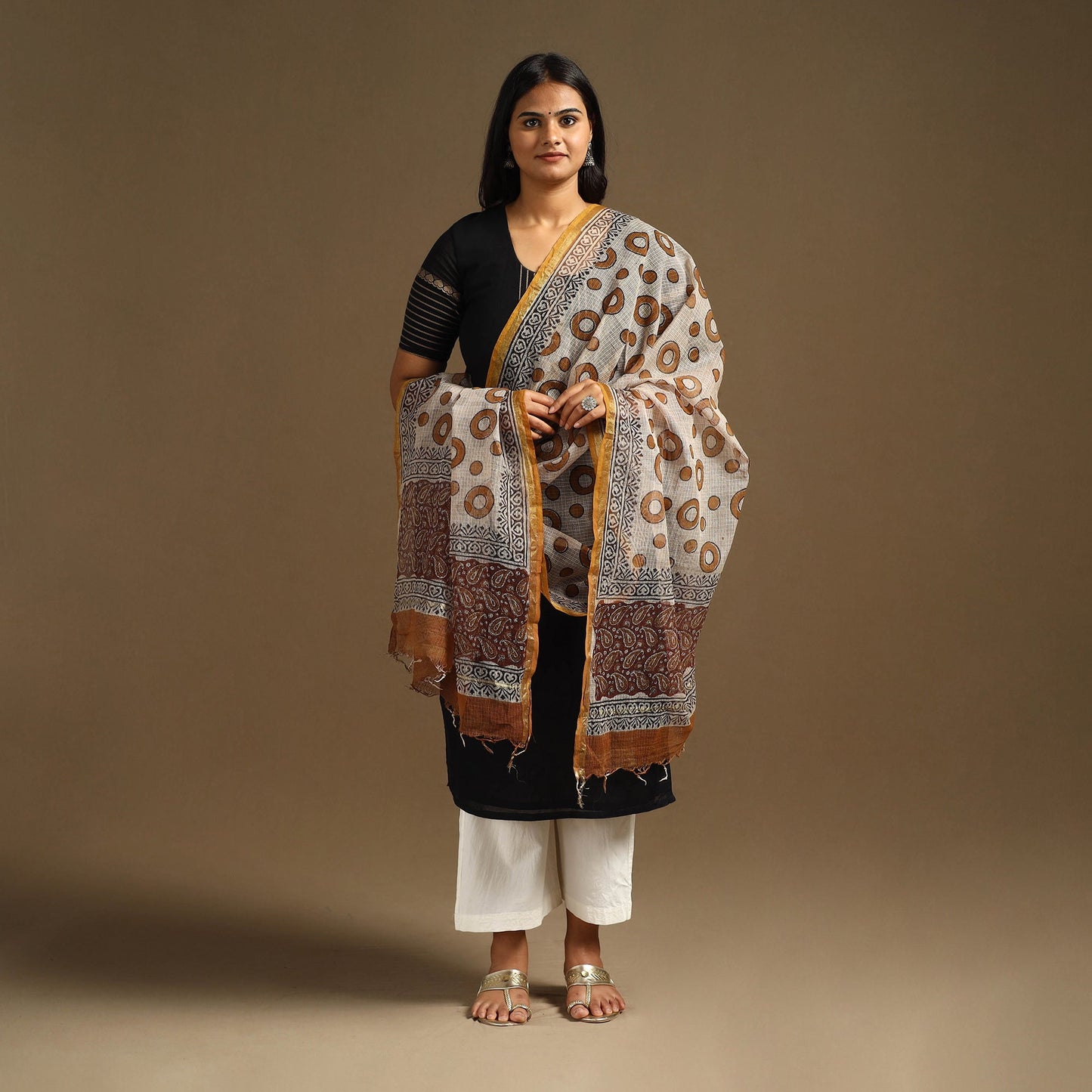 Beige Bagru Block Print Cotton Kota Doria Dupatta