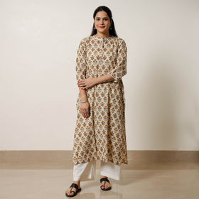 Beige - bagru hand printed cotton a-line long kurta 08