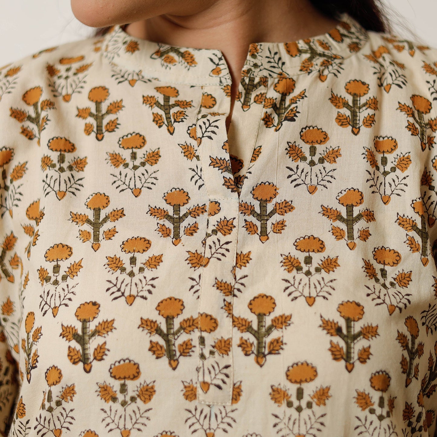 Beige - bagru hand printed cotton a-line long kurta 08