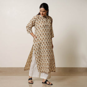 Beige - bagru hand printed cotton a-line long kurta 08
