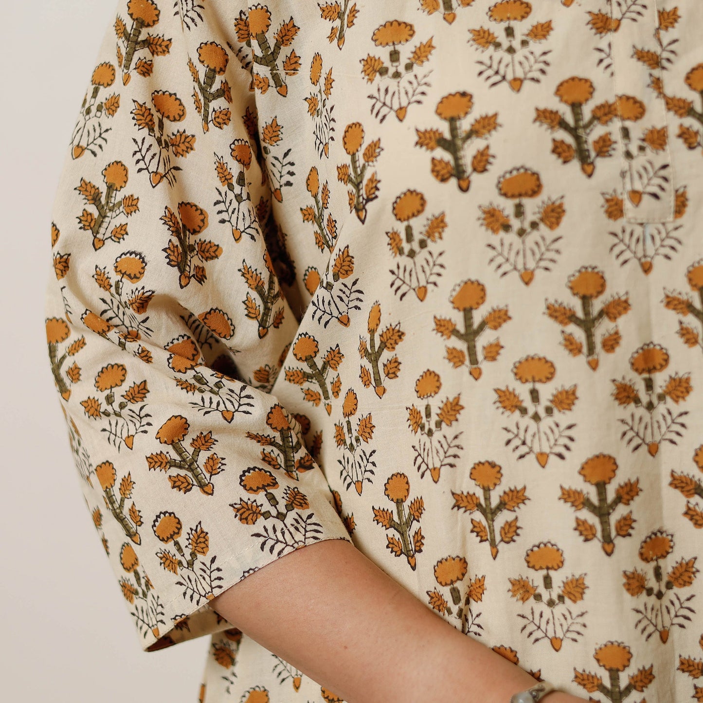 Beige - bagru hand printed cotton a-line long kurta 08