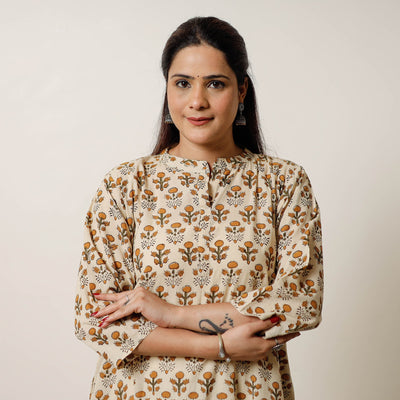 Beige - bagru hand printed cotton a-line long kurta 08