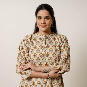 Beige - bagru hand printed cotton a-line long kurta 08