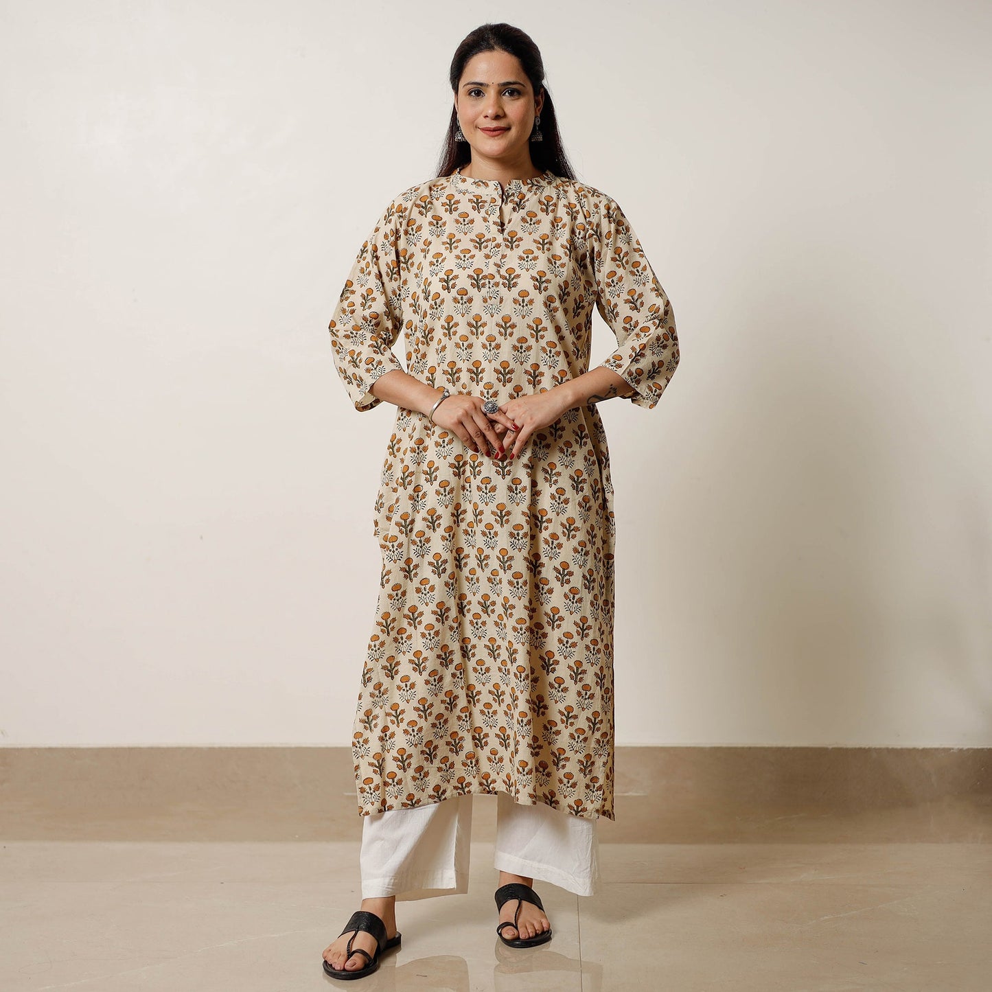 Beige - bagru hand printed cotton a-line long kurta 08