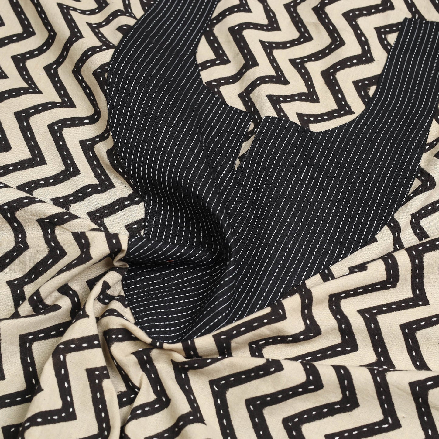 Buy Beige Bagru Print Patchwork Cotton Kurta Material