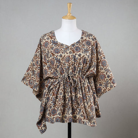 Beige Bagru Block Print Cotton Kaftan with Tie-Up Waist