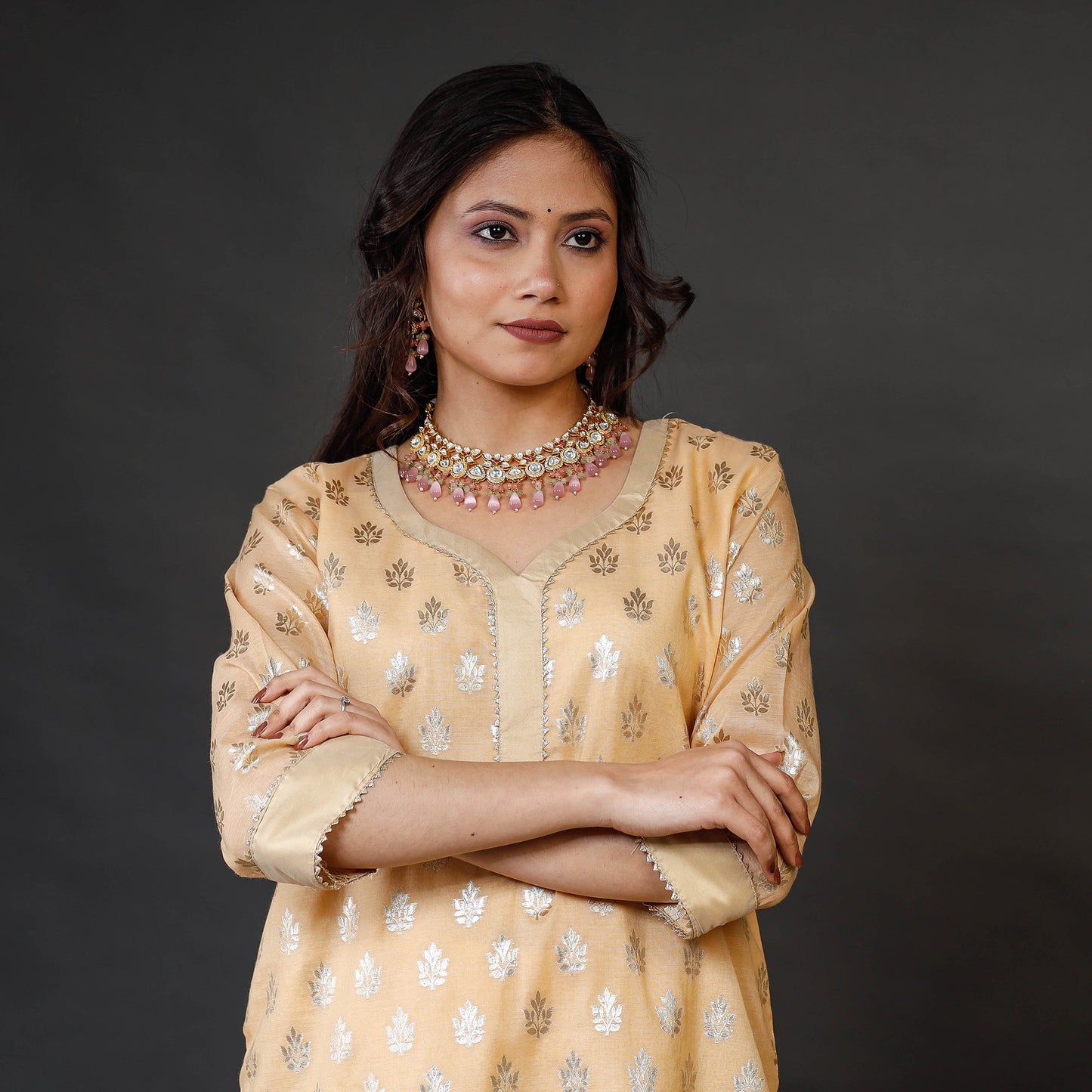Buy Beige Banarasi Silk Cotton Kurta with Palazzo & Dupatta Set