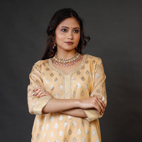 Buy Beige Banarasi Silk Cotton Kurta with Palazzo & Dupatta Set