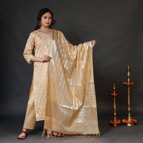Buy Beige Banarasi Silk Cotton Kurta with Palazzo & Dupatta Set