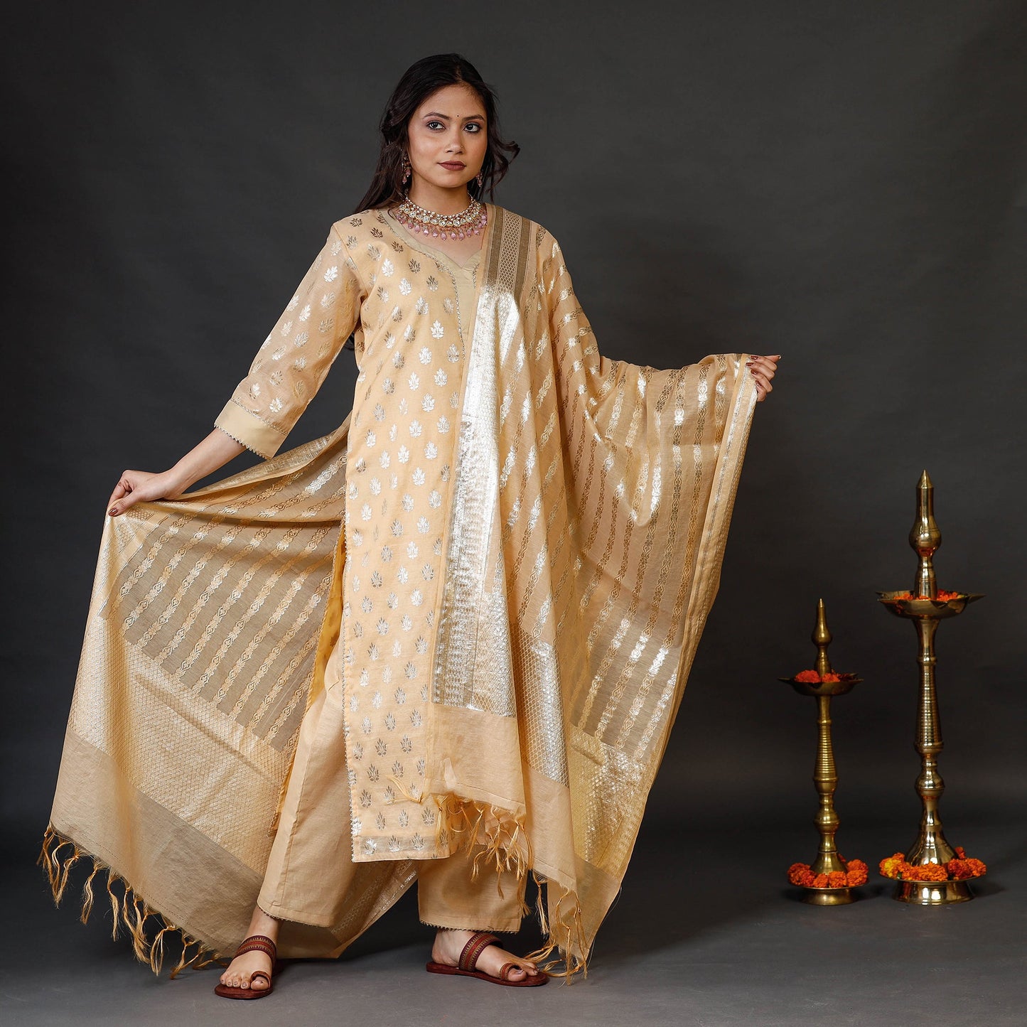 Buy Beige Banarasi Silk Cotton Kurta with Palazzo & Dupatta Set