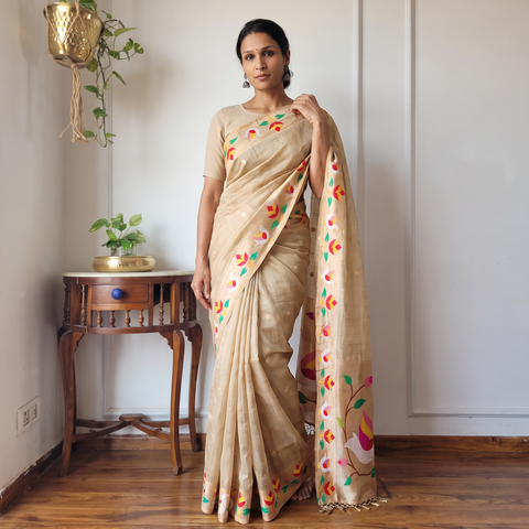 Pink Beige - Bangalore Silk Zari Border Saree, draped and worn by a woman, AI visual of the saree, iTokri
