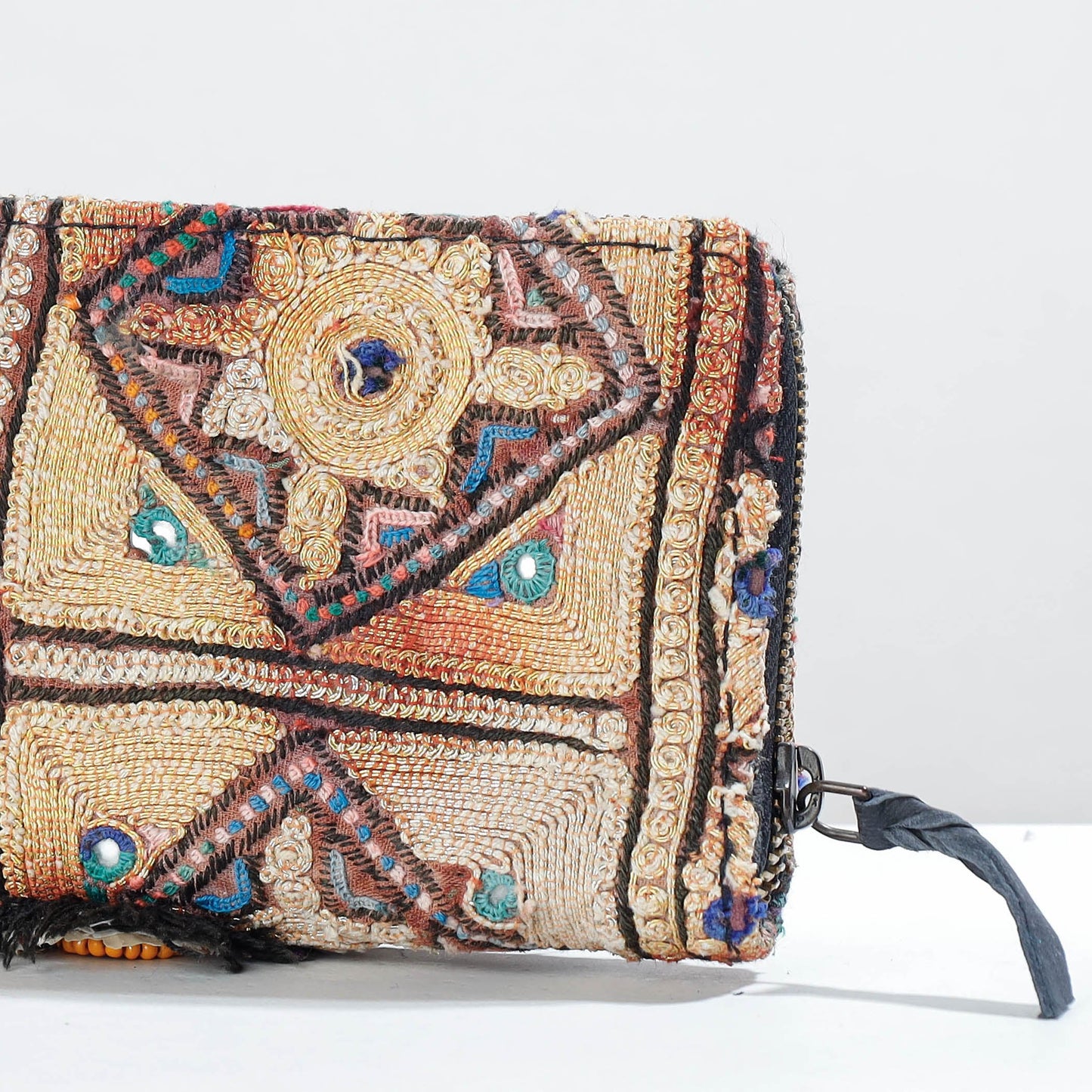 Beige Banjara Vintage Embroidery Mirror Work Wallet