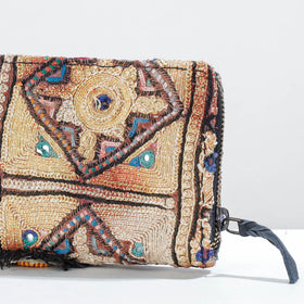 Beige Banjara Vintage Embroidery Mirror Work Wallet
