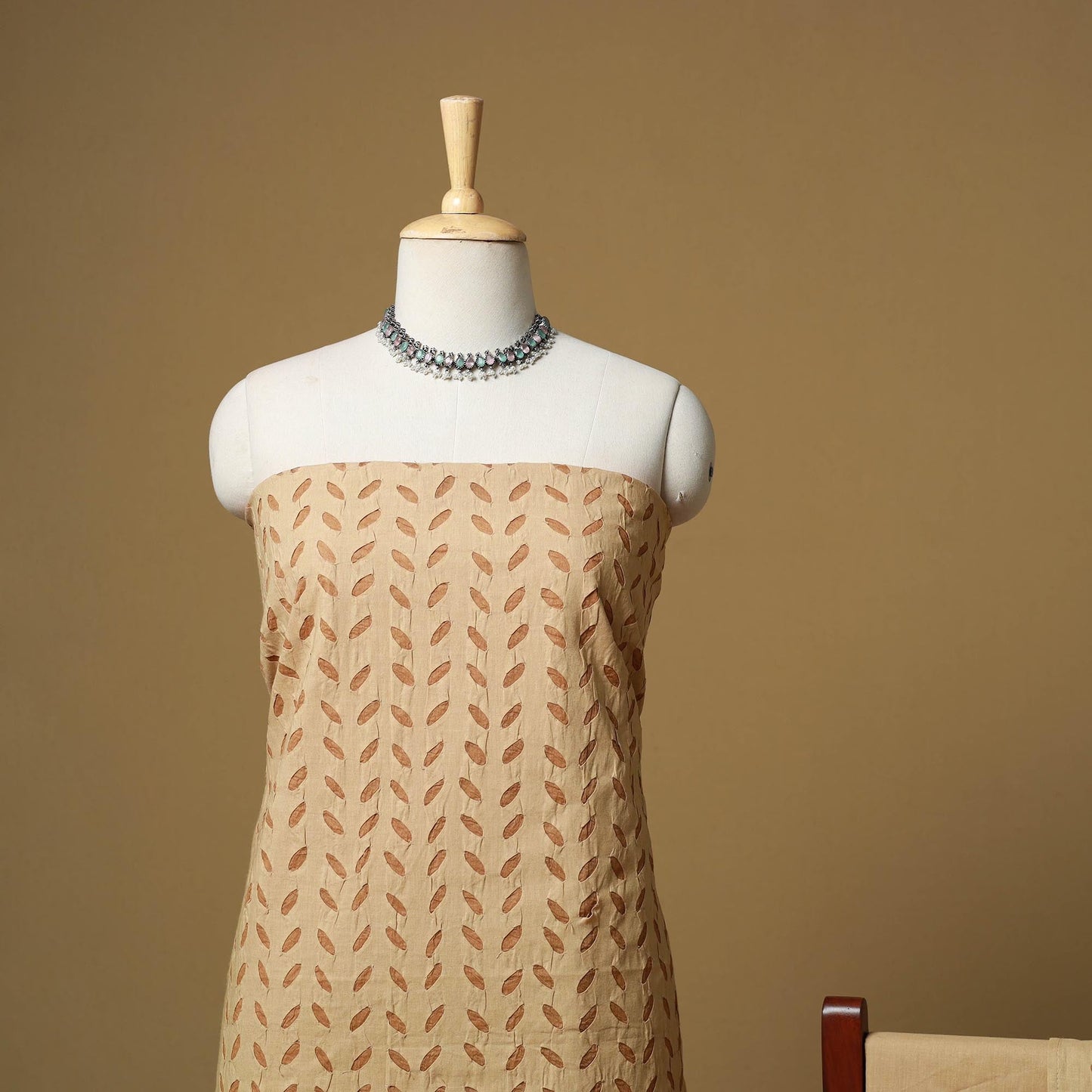 Beige - barmer cut work cotton applique 3pc unstitched