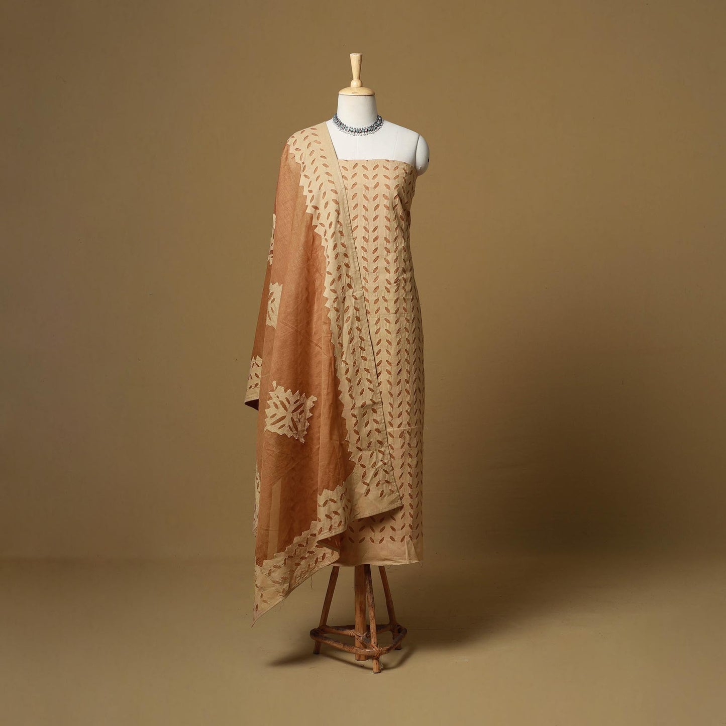 Beige - barmer cut work cotton applique 3pc unstitched