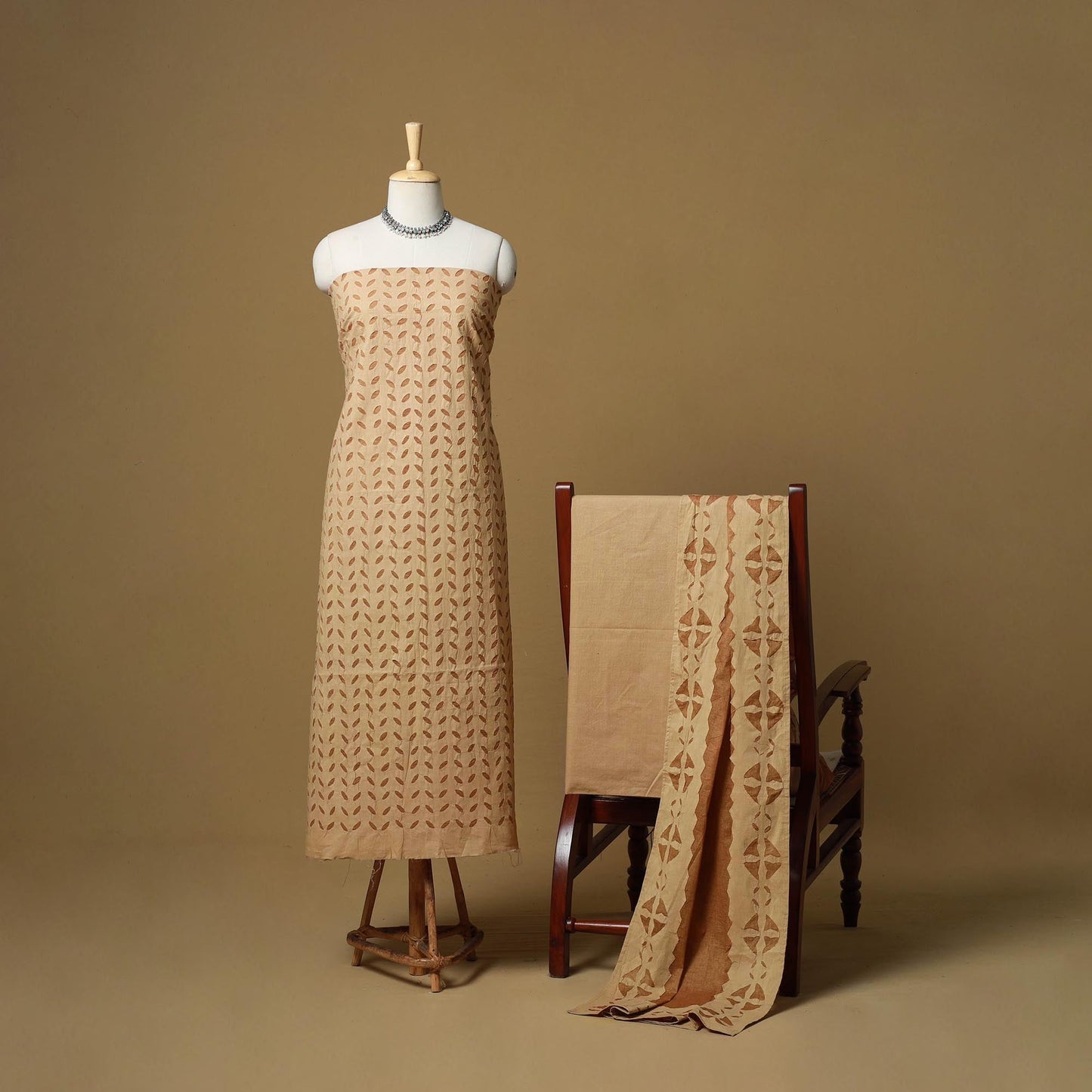 Beige - barmer cut work cotton applique 3pc unstitched