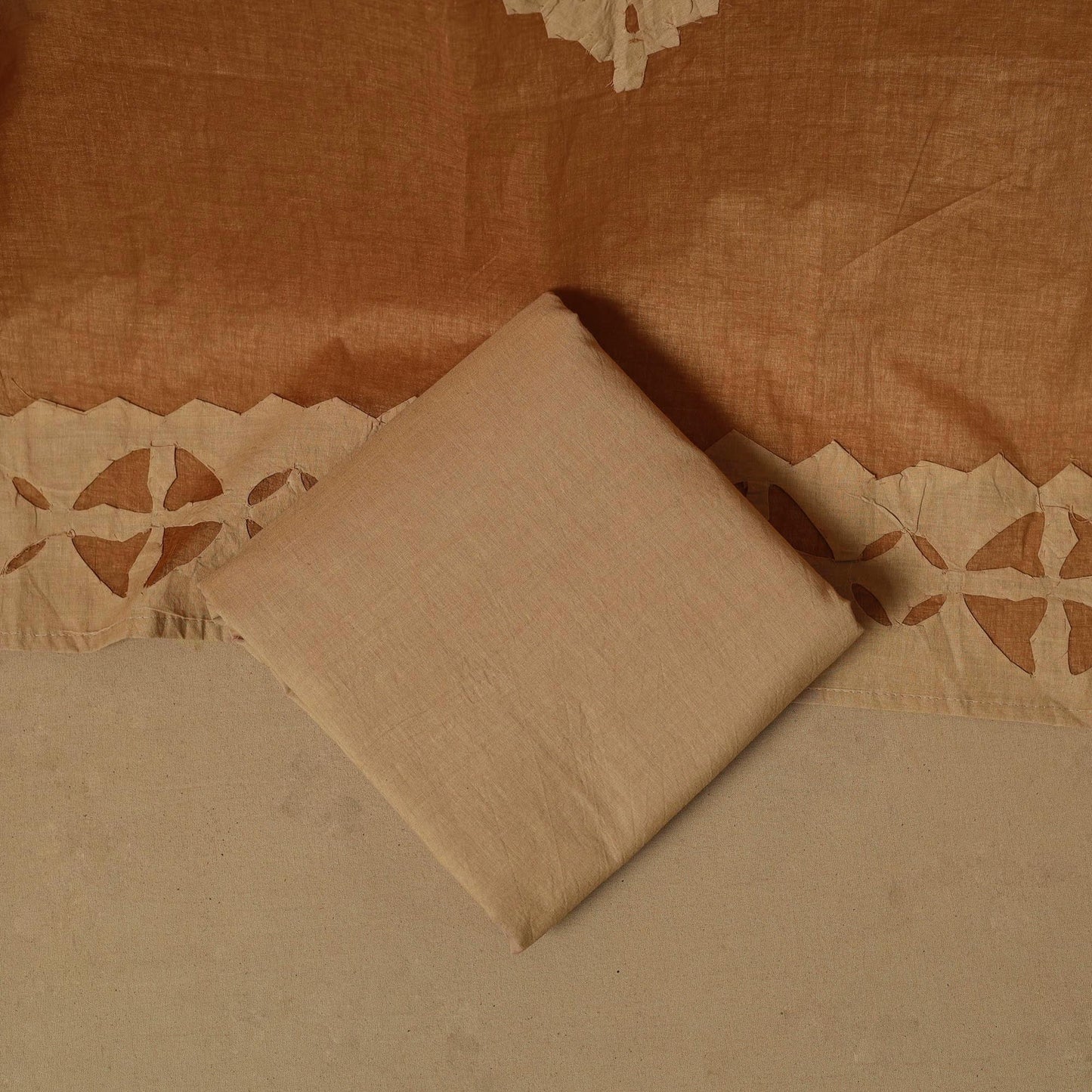 Beige - barmer cut work cotton applique 3pc unstitched