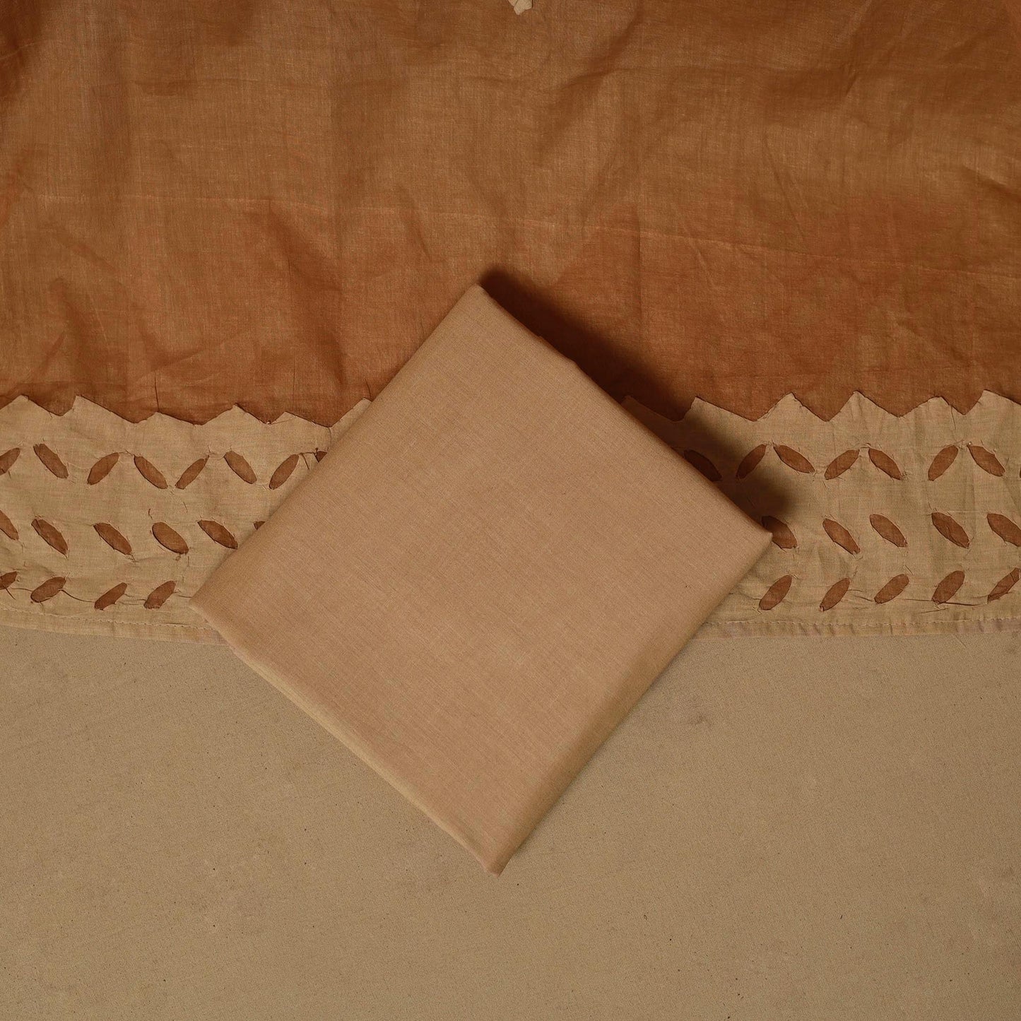 Beige - barmer cut work cotton applique 3pc unstitched