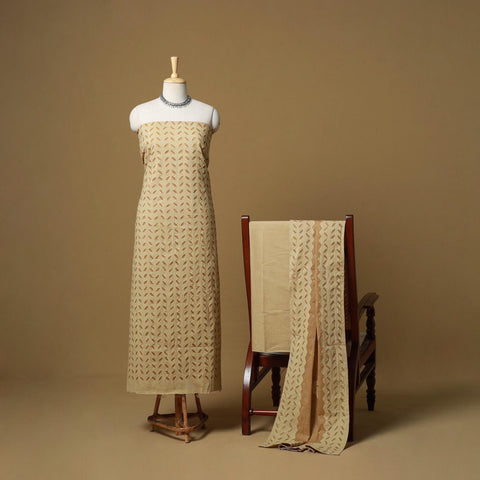 Beige - barmer cut work cotton applique 3pc unstitched