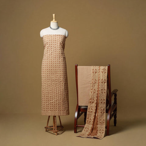 Beige - barmer cut work cotton applique 3pc unstitched