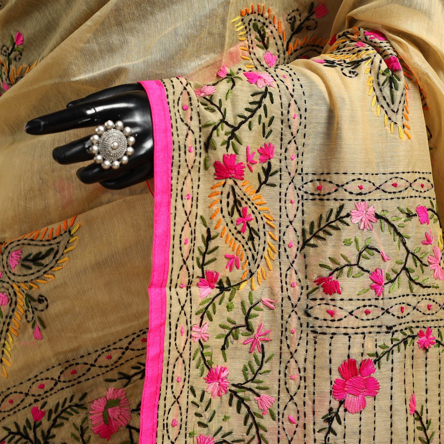 Bengal chanderi silk hand embroidered saree 04 - handcrafted